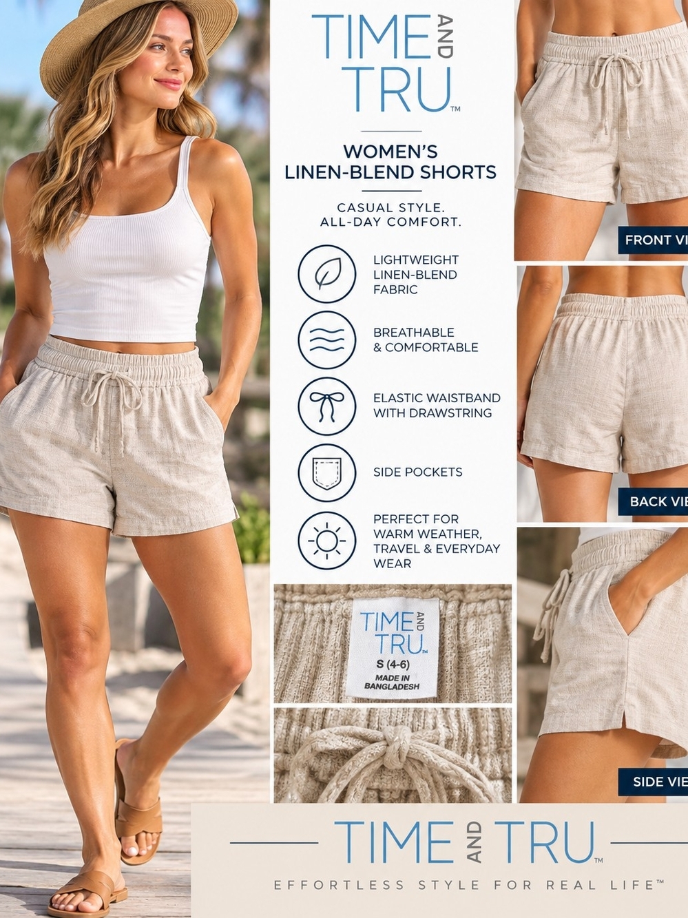 Time and Tru Women’s Beige Linen-Blend Pull-On Shorts – Size S (4–6) – NWT